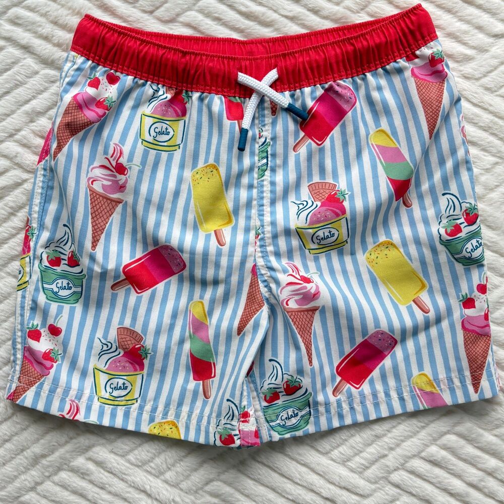 Mini Boden Boys Size 6-7Y Blue Gelato Ice Cream Swim Trunks Board Shorts Lined